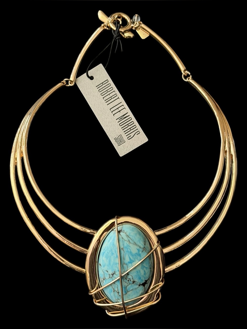 NWT Robert Lee Morris Soho Turquoise Gold Tone Wire Pendant Choker Bib Necklace